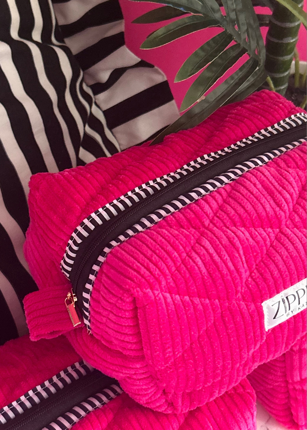Raspberry Pink Corduroy Makeup Bag – Quilted Cosmetic Pouch | Zipped by Kate