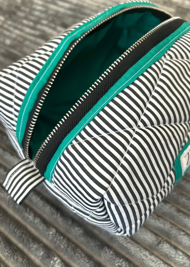 Black White Striped and Jade Green – Handmade Quilted Cosmetic Pouch | Zipped by Kate