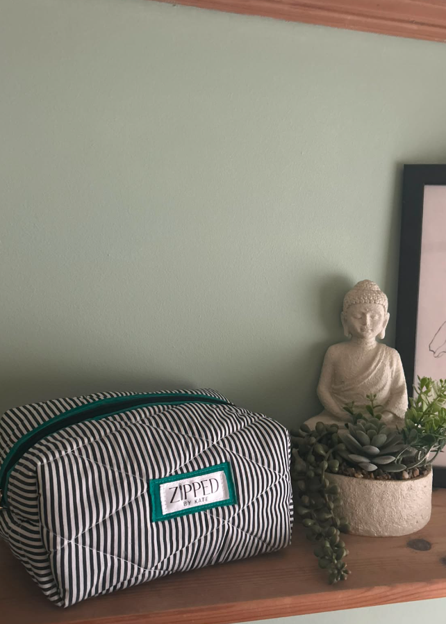 Black White Striped and Jade Green – Handmade Quilted Cosmetic Pouch | Zipped by Kate