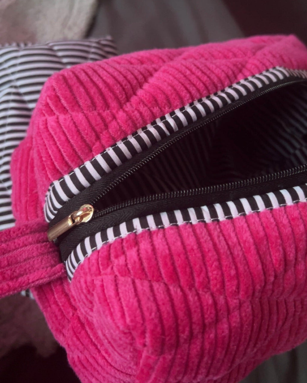 Raspberry Pink Corduroy Makeup Bag – Quilted Cosmetic Pouch | Zipped by Kate