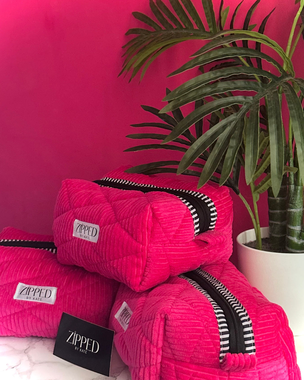 Raspberry Pink Corduroy Makeup Bag – Quilted Cosmetic Pouch | Zipped by Kate